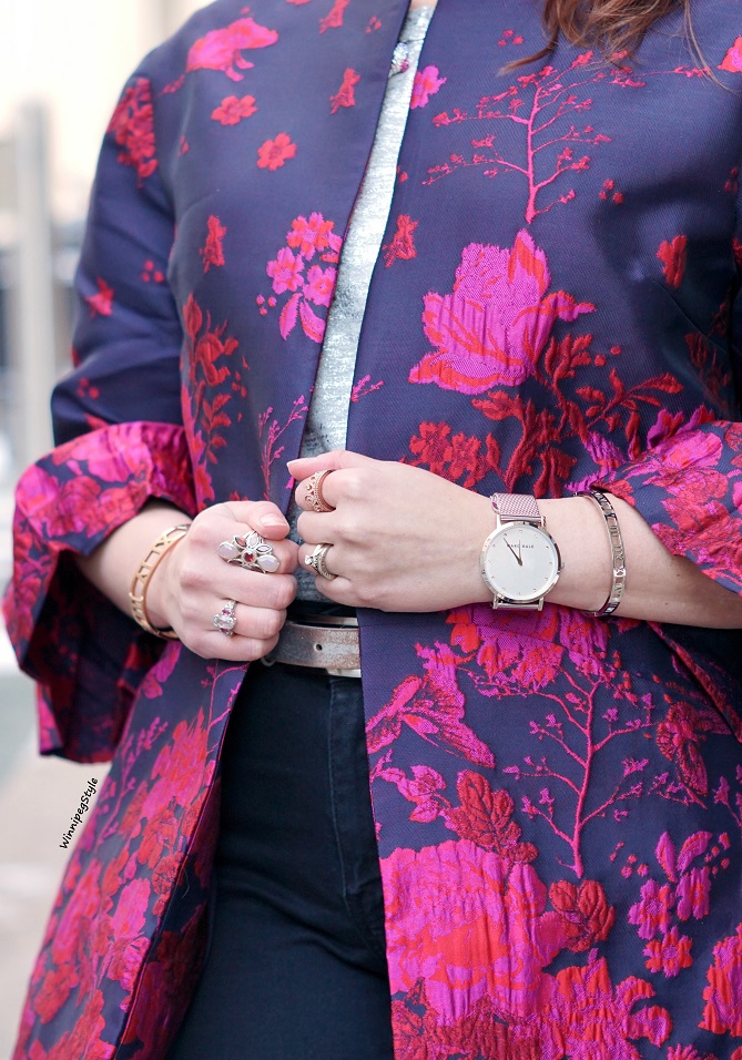 Winnipeg Style, Canadian Fashion stylist blog, The Peach Box roman numeral bangle, Marc Bale mesh strap watch, Chie Mihara Flawless silver metallic leather suede buckle heels, Anthropologie Eva Franco floral flutter bell sleeve open coat jacket